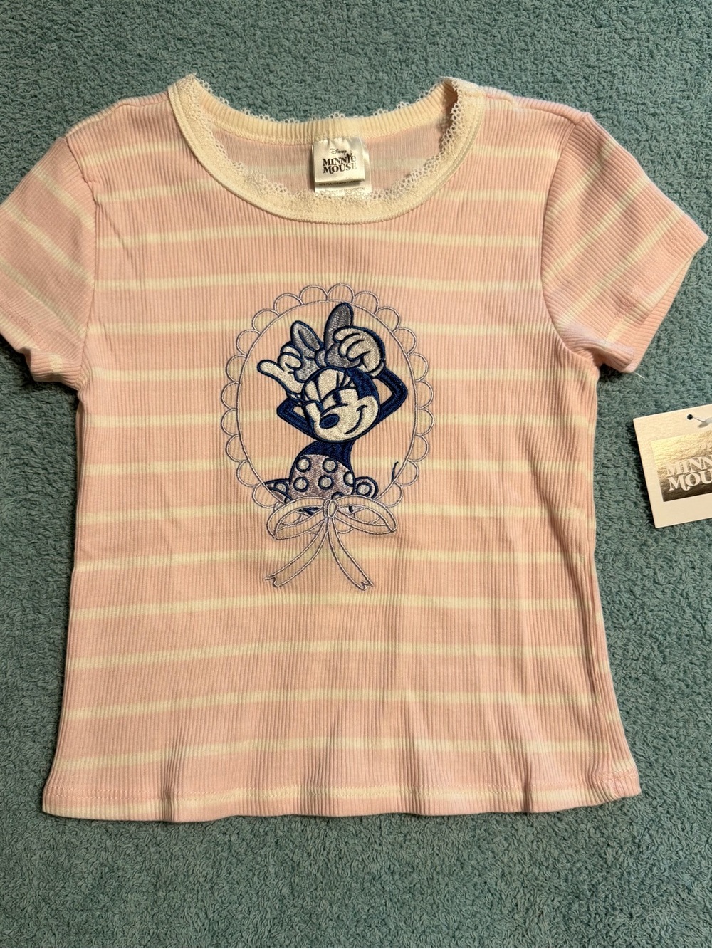 NWT Disney Minnie Mouse Pink White Ribbed Striped Tee Lace Neckline Coquette 5T